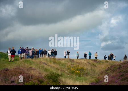 Stromness, Orkney, Schottland, Großbritannien. September 2023. Amerikanische Touristen, die Kreuzfahrtschiffe besuchen, die in Kirkwall anliegen, besuchen den Ring of Brodgar, den neolithischen Steinkreis auf Orkney. Die Einheimischen haben Bedenken geäußert, dass Kreuzfahrtschiffe zu viele Touristen auf die Inseln bringen und die derzeitige Infrastruktur nicht ausreicht. Iain Masterton/Alamy Live News Stockfoto