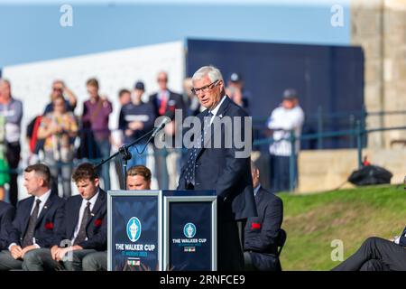 St. Andrews, Schottland. September 2023. Chief Executive of the R&A und Secretary of the Royal and Ancient Golf Club of St Andrews Martin Slumbers während der Eröffnungszeremonie des Walker Cup 2023. Großbritannien und Irland gehen diese Woche im 49. Walker Cup-Match gegen die Vereinigten Staaten von Amerika. Vor 100 Jahren wurde der Walker Cup erstmals in St. Andrews ausgetragen, da sich die beiden Seiten – bestehend aus zehn führenden männlichen Amateurgolfspielern – darauf vorbereiten, auf dem historischen Old Course zu kämpfen Stockfoto