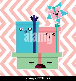 Eine Gruppe niedlicher Geschenke präsentiert Zeichentrickfiguren Vektor Stock Vektor