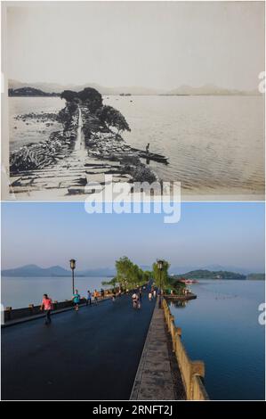 (160823) -- PEKING, 23. August 2016 () -- kombinierte Fotos zeigen den Bai Causeway am Westsee in Hangzhou, der Hauptstadt der ostchinesischen Provinz Zhejiang. Der G20-Gipfel findet am 4-5. September in Hangzhou statt, einem Paradies auf Erden mit einer über 2.200-jährigen Geschichte. (Das Dateifoto wurde von Wang Qiuhang zur Verfügung gestellt, während das untere Foto von Xu Yu am 18. August 2016 aufgenommen wurde.) () (MP) CHINA-ZHEJIANG-HANGZHOU-SCENERY-CHANGES (CN) Xinhua PUBLICATIONxNOTxINxCHN 160823 Peking 23. August 2016 Kombiniertes Foto zeigt den Bai Causeway AM WESTSEE in Hangzhou Hauptstadt der ostchinesischen Provinz S Zhejiang, die G20 Stockfoto