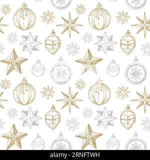 Frohe Weihnachten und glückliches neues Jahr nahtloses Muster mit goldenen handgezeichneten Sternen und Spielzeug. Festlicher Hintergrund. Vektorgrafik im Skizzenstil Stock Vektor