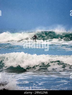 Surfer am Strand von Alnes während eines Schneesturms, Godøy, Ålesund, Norwegen Stockfoto