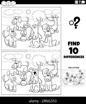 Schwarz-Weiß-Cartoon-Illustration der Suche nach den Unterschieden zwischen Bildern pädagogisches Spiel mit lustigen Hunden Tierfiguren Gruppe Färbung pag Stock Vektor