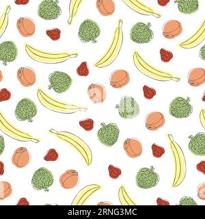 Buntes Vektor nahtloses Muster mit Cartoon Doodle niedliche Früchte und Beeren. Stock Vektor