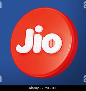 September 2023. Das Reliance Jio Infocomm Limited Logo, Jio, ist ein indischer Mobilfunkbetreiber. 3D-Abbildung mit rotem Logo Stockfoto