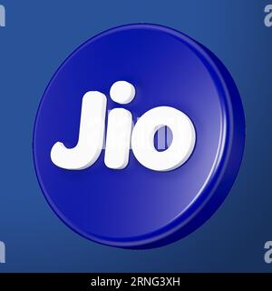 September 2023. Das Reliance Jio Infocomm Limited Logo, Jio, ist ein indischer Mobilfunkbetreiber. Blaues Logo 3D-Abbildung Stockfoto