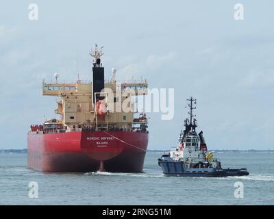 Öltankschiff Nordic Odyssey mit Schleppboot in Heck, Vlissingen, Zeeland, Niederlande Stockfoto