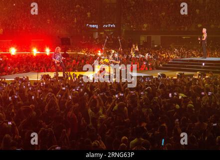 August 27, 2023, Inglewood, Kalifornien, USA: Kirk Hammett, Lars Ulrich, Robert Trujillo und James Hetfield von der Rockband Metallica treten live auf der Metallica - M72 World Tour im SoFi Stadium auf. (Bild: © K.C. Alfred/ZUMA Press Wire) NUR REDAKTIONELLE VERWENDUNG! Nicht für kommerzielle ZWECKE! Stockfoto