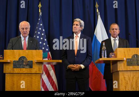 (160910) -- GENF, 10. September 2016 -- US-Außenminister John Kerry (C), russischer Außenminister Sergej Lawrow (R) und UN-Sondergesandter für Syrien Staffan de Mistura nahmen am 10. September 2016 an einer gemeinsamen Pressekonferenz in Genf, Schweiz, Teil. US-Außenminister John Kerry und der russische Außenminister Sergej Lawrow erzielten am Samstag eine bahnbrechende Vereinbarung, die es beiden Ländern ermöglichen würde, die Zusammenarbeit im Hinblick auf die Beendigung des fünfjährigen syrischen Konflikts erheblich zu verbessern. ) (Djj) SCHWEIZ-GENF-SYRISCHES KONFLIKTABKOMMEN XuxJinquan PUBLICATIONxNOTxINxCHN 160910 Genf 10. September 2016 Stockfoto