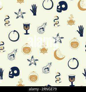 Nahtloses Muster aus Magie und Himmel mit magischen Elementen wie Schlange, Auge, Tarotkarten, Hand, Schädel, Trank, Mond, Schmetterling, Pilze, Sterne. Symb Stock Vektor