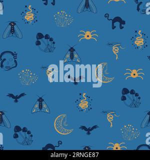 Nahtloses Muster aus Magie und Himmel mit magischen Elementen wie Schlange, Auge, Tarotkarten, Hand, Schädel, Trank, Mond, Schmetterling, Pilze, Sterne. Symb Stock Vektor