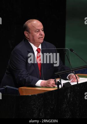 (160923) -- VEREINTEN NATIONEN, 23. September 2016 -- der jemenitische Präsident Abd-Rabbu Mansour Hadi spricht während der Generaldebatte im UN-Hauptquartier in New York am 23. September 2016 auf der 71. Tagung der Generalversammlung der Vereinten Nationen. ) ALLGEMEINE AUSSPRACHE DER GENERALVERSAMMLUNG der Vereinten Nationen YinxBogu PUBLICATIONxNOTxINxCHN Vereinte Nationen 23. September 2016 der jemenitische Präsident Abd Rabbu Mansour Hadi spricht auf der 71. Tagung der Generalversammlung der Vereinten Nationen während der Generaldebatte AM 23. September 2016 IM Hauptsitz der Vereinten Nationen in New York Stockfoto