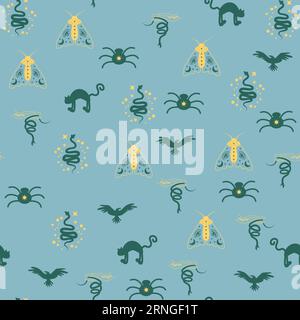 Nahtloses Muster aus Magie und Himmel mit magischen Elementen wie Schlange, Auge, Tarotkarten, Hand, Schädel, Trank, Mond, Schmetterling, Pilze, Sterne. Symb Stock Vektor