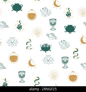 Nahtloses Muster aus Magie und Himmel mit magischen Elementen wie Schlange, Auge, Tarotkarten, Hand, Schädel, Trank, Mond, Schmetterling, Pilze, Sterne. Symb Stock Vektor