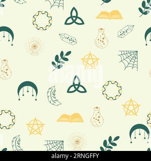 Nahtloses Muster aus Magie und Himmel mit magischen Elementen wie Schlange, Auge, Tarotkarten, Hand, Schädel, Trank, Mond, Schmetterling, Pilze, Sterne. Symb Stock Vektor