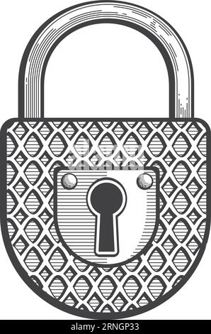 Alte Skizze für Vorhängeschloss aus Metall. Gravur mit Vintage-Schloss Stock Vektor