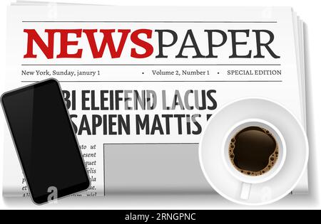Morgenzeitung mit Smartphone und Kaffeetasse. Flache Ansicht von oben Stock Vektor