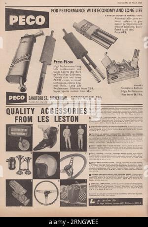 Vintage-Werbungen für PECO Exhaust Systems und Les Leston Ltd Driving Gear. Stockfoto