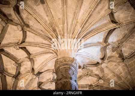 Mosteiro Dos Jeronimos Manueline Gewölbedecke Lissabon Portugal / BELÉM, Lissabon, Portugal — die unverwechselbare gewölbte Decke des Klosters Jerónimos ragt über dem Kirchenschiff, seine schlanken achteckigen Pfeiler sind von oben nach unten in den warmen goldenen Kalkstein der Region Lissabon gehauen. Im Auftrag von König Manuel I. begann der Bau 1501–1502 an der Stelle, an der Vasco da Gama und seine Crew Wache hielten, bevor er nach Indien segelte. Das Kloster wurde über ein Jahrhundert von Architekten wie Diogo de Boitaca und João de Castilho erbaut. Die Finanzierung erfolgt größtenteils durch eine Abgabe auf die Gewinne von Stockfoto