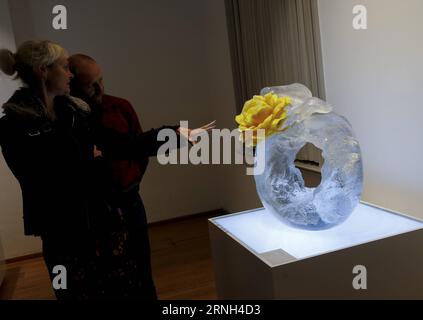 (161027) -- BRÜSSEL, 27. Oktober 2016 -- Besucher schauen sich die Liuli (chinesische Glaskunst) Arbeit Singular Elegance der Künstler Loretta H. Yang und Chang Yi aus China's Taiwan an, bei einer Liuli-Ausstellung in Brüssel, Belgien, 27. Oktober 2016. ) BELGIEN-BRÜSSEL-CHINA-GLASKUNST YexPingfan PUBLICATIONxNOTxINxCHN Brüssel OKT 27 2016 Besucher Schauen Sie SICH die chinesische Glaskunst AN einzigartige Eleganz der Künstler Loretta H Yang und Chang Yi aus China S TAIWAN AUF einer Ausstellung in Brüssel Belgien OKT 27 2016 Belgien Brüssel China Glaskunst YexPingfan PUBLICATIONxNOTxINxCHN Stockfoto