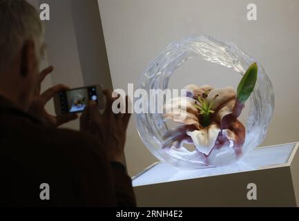 (161027) -- BRÜSSEL, 27. Oktober 2016 -- Ein Besucher fotografiert die Liuli-Arbeit Bloom of a New World der Künstler Loretta H. Yang und Chang Yi aus China's Taiwan bei einer Liuli-Ausstellung in Brüssel, Belgien, 27. Oktober 2016. ) BELGIEN-BRÜSSEL-CHINA-GLASKUNST YexPingfan PUBLICATIONxNOTxINxCHN Brüssel OCT 27 2016 ein Besucher fotografiert das chinesische Glaskunstwerk Bloom of a New World der Künstler Loretta H Yang und Chang Yi aus China S TAIWAN AUF einer Ausstellung in Brüssel Belgien OCT 27 2016 Belgien Brüssel China Glass Art YexPingfan PUBLICATIONxNOTxINxCHN Stockfoto