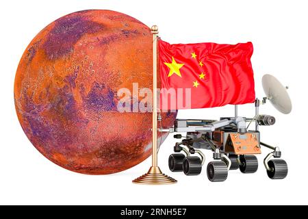 Chinesisches Mars-Explorationsprogramm. planetenrover mit Mars und chinesischer Flagge. 3D-Rendering isoliert auf weißem Hintergrund Stockfoto