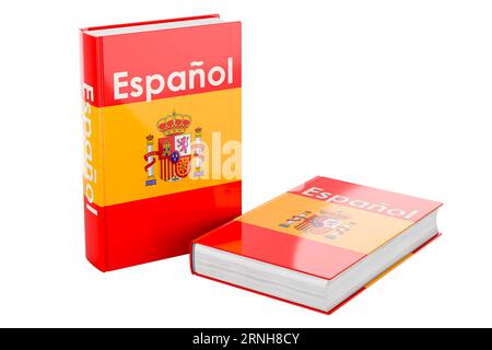 Spanischkurse. Spanische Lehrbücher, 3D-Rendering isoliert auf weißem Hintergrund Stockfoto