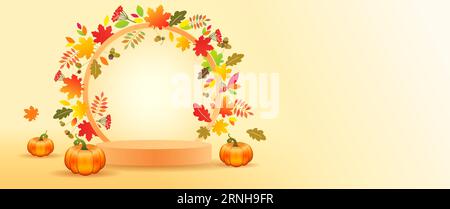 Herbstleerer minimaler Display Podium Sockel Dekoration Hintergrund mit farbigen Herbstblättern. Vektor-Hintergrundvorlage für das Design von Herbstbannern Stock Vektor