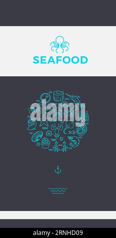 Vorlage für die Abdeckung des Meeresfrüchteflyers. Layout der Menübroschüre Stock Vektor