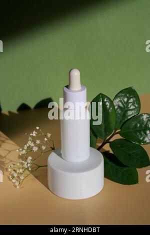 Leeres minimales modernes kosmetisches Produkt mit Blumen und grünen Blättern, grünem und gelbem Hintergrund Stockfoto