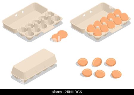 Isometrische Hühnereiverpackung. Eier in einer auf einem Hintergrund isolierten Pappschachtel. Hühnerei ist ein Hauptbestandteil der menschlichen Ernährung und dient als ein Stock Vektor
