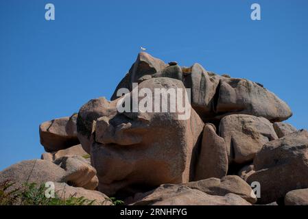 Monolithische Blöcke aus rosafarbenem Granit in den Cotes d'Armor in der Bretagne, Frankreich. Rosafarbene Granitküste Stockfoto