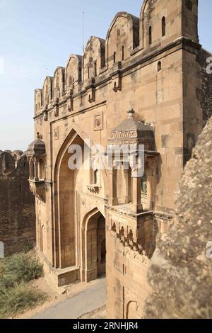 (161124) -- ISLAMABAD, 23. November -- Foto aufgenommen am 23. November 2016 zeigt das Sohail-Tor des Rohtas-Forts in der Stadt Jhelum in der Provinz Punjab, Pakistan. 1541, nachdem Sher Shah Suri, der Gründer des Sur-Reiches, den Mogul-Kaiser Humayun besiegt hatte, baute er eine starke befestigte Anlage bei Rohtas in der Gegend von Jhelum. Da die Region nie durch einen Sturm erobert wurde, hat das Fort bis heute intakt überlebt. Die Hauptbefestigung besteht aus massiven Mauern, die sich über 4 km erstrecken und von Bastionen gesäumt und von monumentalen Toren durchbohrt sind. Das zum UNESCO-Weltkulturerbe gehörende Fort Rohtas i Stockfoto