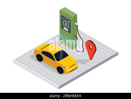 Vektor-Webbanner-Vorlage für Ladestation. Isometrischer elektrischer Ladepunkt. illustrator-Vektor. Stock Vektor