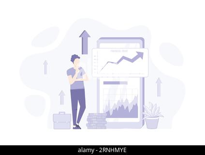 Finanzielle Illustration. Charaktere, die Geld in die Börse investieren. Personen, die Finanzdiagramme, -Diagramme und -Diagramme untersuchen. Konzept für den Aktienhandel. Vec Stock Vektor