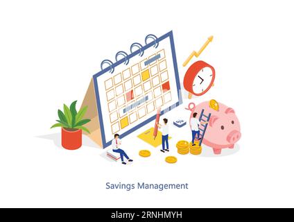 Die Charaktere der Menschen sammeln und legen Münzen in Schweinchen. Konzept für Finanzmanagement, Geldeinsparungen und Einlagenwachstum. Isometrischer Illustratorvektor Stock Vektor