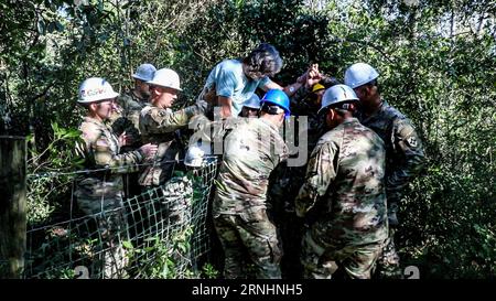 Live Oak, Usa. September 2023. Soldaten der US-Armee mit der Florida National Guard, 868 Engineer Company, unterstützen einen verletzten Bewohner bei der Evakuierung seines Hauses, nachdem er einen Weg durch umgestürzte Bäume nach dem Hurrikan Idalia, 1. September 2023 im Suwanee County, Florida, geräumt hat. Anm.: Sgt. Marc Morgenstern/US Army/Alamy Live News Stockfoto