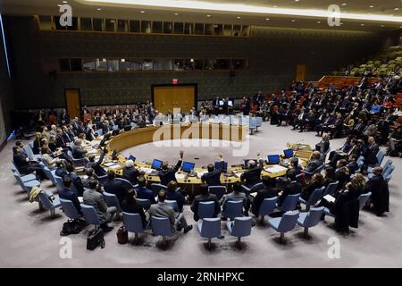 Sitzung des UN-Sicherheitsrats zum Krieg in Syrien (161205) -- VEREINTEN NATIONEN, 5. Dezember 2016 -- Foto aufgenommen am 5. Dezember 2016, zeigt die Abstimmung des Sicherheitsrats der Vereinten Nationen über eine Resolution zum Waffenstillstand von Aleppo am 5. Dezember 2016 im Hauptquartier der Vereinten Nationen in New York. Der UN-Sicherheitsrat hat am Montag keine Resolution zur humanitären Lage in der syrischen Nordstadt Aleppo verabschiedet, da Russland und China ihr Veto eingelegt haben. ) UN-SICHERHEITSRAT-SYRIEN LixMuzi PUBLICATIONxNOTxINxCHN Treffen des UN-SICHERHEITSRATES zum Krieg in Syrien UN DEC 5 2016 Foto aufgenommen AM DEC 5 2016 zeigt die USA Stockfoto