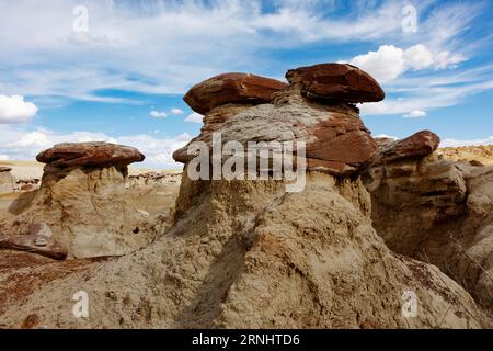 Das AH-Shi-SLE PAH Wilderness Study Area hat einige der besten Hoodoo-Formationen in den sanften, wassergeschnitzten Tonhügeln der New Mexico Badlands Stockfoto