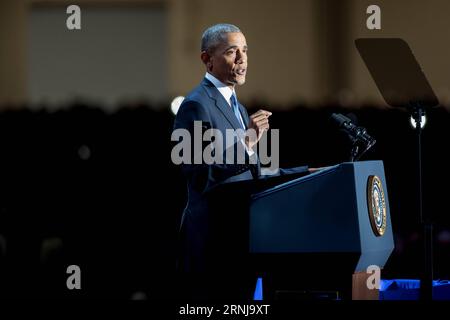 US-Präsident Barack Obama hält am 10. Januar 2017 seine Abschiedsrede in Chicago, Illinois, USA. )(zf) US-PRÄSIDENT-CHICAGO-BARACK OBAMA-ABSCHIEDSREDE ShenxTing PUBLICATIONxNOTxINxCHN US-Präsident Barack Obama hält seine Abschiedsrede in Chicago Illinois Vereinigte Staaten von Amerika AM 10. Januar 2017 ZF US-Präsident Barack Obama Abschiedsrede ShenxTing PUBLICATIONxNOTxINxCHN Stockfoto