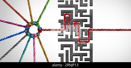 Teamleitung Erfolg und strategische Geschäftslösung als Gruppe von vernetzten, vielfältigen Seilen, die ein Problem lösen und einen Weg durch ein Labyrinth finden Stockfoto