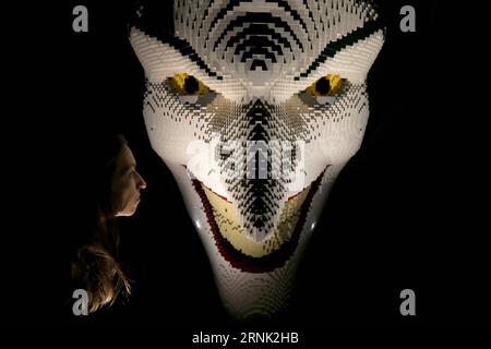 (170228) -- LONDON, 28. Februar 2017 -- Ein Besucher schaut sich die Arbeit The Joker Facemask Made of Lego Bricks während der Ausstellung The Art of Brick: DC Super Heroes des Künstlers Nathan Sawaya an der South Bank in London, Großbritannien, am 28. Februar 2017 an. Die Ausstellung zeigte Skulpturen, die auf dem DC Comics-Universum basieren und mehr als 2 Millionen Lego-Steine verwendeten. GROSSBRITANNIEN-LONDON-LEGO KUNSTAUSSTELLUNG TimxIreland PUBLICATIONxNOTxINxCHN London Feb 28 2017 ein Besucher betrachtet die Arbeit The Joker Facemask made of Lego Bricks während der Ausstellung The Art of Brick DC Super Heroes des Künstlers Nathan Sawaya ON the Sout Stockfoto