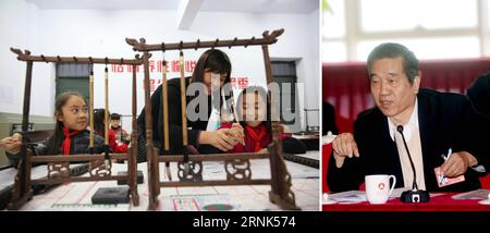 (170305) -- PEKING, 4. März 2017 -- kombinierte Fotos zeigen Su Shishu (R), ein Mitglied des 12. Nationalen Komitees der Politischen Konsultativkonferenz des chinesischen Volkes (CPPCC), das an einer Diskussion auf der fünften Sitzung des 12. Nationalen Komitees des CPPCC in Peking, der Hauptstadt Chinas, teilnahm. am 4. März 2017 und einem Lehrer, der Schülern (L) die Verwendung von Schreibbürsten in der Sanyang-Grundschule in der Stadt Sanyang im Wuzhi County in Jiaozuo, Provinz Henan in Zentralchina, am 25. Oktober 2016 beibringt. SU Shishu schlug vor, einen chinesischen Schriftstellertag festzulegen. /Feng Xiaomin)(zkr) (ZWEI SITZUNGEN)CHINA-PEKING-CPP Stockfoto