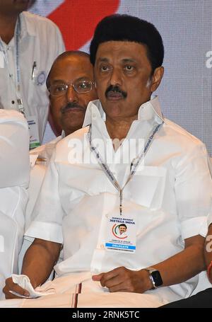 Mumbai, Indien. September 2023. Der Ministerpräsident von Tamil Nadu M. K. Stalin wird während der Pressekonferenz der INDISCHEN Allianz in Mumbai gesehen. Die Pressekonferenz schloss mit einem Plan, die National Democratic Alliance (NDA) bei den bevorstehenden Wahlen in Lok Sabha im Jahr 2024 zu übernehmen. Quelle: SOPA Images Limited/Alamy Live News Stockfoto