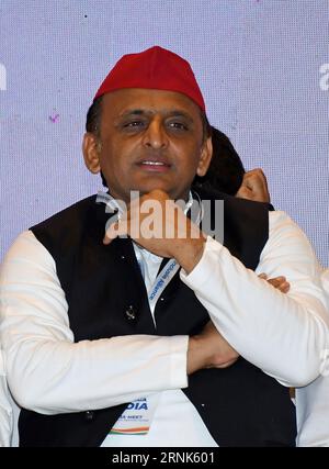 Mumbai, Indien. September 2023. Der Präsident der Samajwadi-Partei (SP) Akhilesh Yadav wird während der Pressekonferenz der INDISCHEN Allianz in Mumbai gesehen. Die Pressekonferenz schloss mit einem Plan, die National Democratic Alliance (NDA) bei den bevorstehenden Wahlen in Lok Sabha im Jahr 2024 zu übernehmen. Quelle: SOPA Images Limited/Alamy Live News Stockfoto