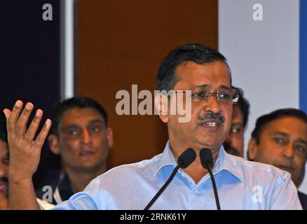 Mumbai, Indien. September 2023. Delhi-Ministerpräsident Arvind Kejriwal spricht während der Pressekonferenz der INDISCHEN Allianz in Mumbai. Die Pressekonferenz schloss mit einem Plan, die National Democratic Alliance (NDA) bei den bevorstehenden Wahlen in Lok Sabha im Jahr 2024 zu übernehmen. Quelle: SOPA Images Limited/Alamy Live News Stockfoto