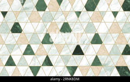 Moderne Tapete zur Wandgestaltung. Abstrakte, beigefarbene 3D-Linien und grüne, beigefarbene Marmordreiecke. Stockfoto