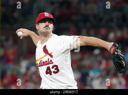 St. Louis, USA. September 2023. St. Louis Cardinals Starting Pitcher Dakota Hudson liefert ein Pitch an die Pittsburgh Pirates im dritten Inning im Busch Stadium in St. Louis am Freitag, 1. September 2023. Foto von Bill Greenblatt/UPI Credit: UPI/Alamy Live News Stockfoto
