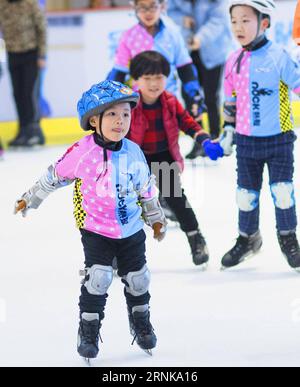 (170316) -- WUHAN, 16. März 2017 -- Foto aufgenommen am 4. März 2017 zeigt Kinder, die im Binglong International Skating Club in Wuhan, der zentralchinesischen Provinz Hubei, Schlittschuhlaufen lernen. Die chinesische Sportindustrie konnte 2016 mit einem soliden und stetigen Entwicklungstempo aufwarten. Das nationale Fitnessprogramm (2016-2020) und der 13. Fünfjahresplan für die Sportindustrie wurden beide 2016 herausgegeben, um eine klare Richtung für Chinas nationale Strategie zur Gewährleistung der öffentlichen Fitness und der Entwicklung der Sportindustrie zu geben. Chinas Allgemeine Sportverwaltung, zusammen mit vielen anderen nationalen GO Stockfoto