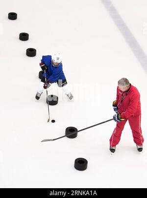 170316 -- WUHAN , 16. März 2017 -- das Foto vom 25. Februar 2017 zeigt einen Eishockeyspieler des Binglong International Skating Club, der unter Anleitung seines russischen Trainers Nikolaev Wladimir auf einer Eislaufbahn in einem Einkaufszentrum in Wuhan, der zentralchinesischen Provinz Hubei, trainiert. Die chinesische Sportindustrie konnte 2016 mit einem soliden und stetigen Entwicklungstempo aufwarten. Das nationale Fitnessprogramm 2016-2020 und der 13. Fünfjahresplan für die Sportindustrie wurden 2016 herausgegeben, um eine klare Richtung für Chinas nationale Strategie zur Gewährleistung der öffentlichen Fitness und der Entwicklung zu geben Stockfoto